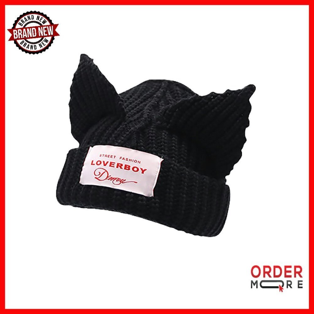 Warm Knit Cotton Slouchy Beanie with Cat Ears One Size Fits Most